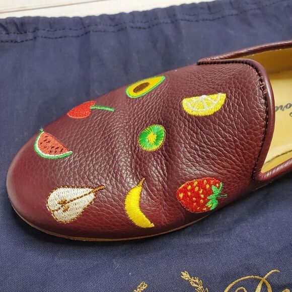 DEL TORO loafers fruit embroidered burgundy leather shoes 7 - Picture 4 of 10
